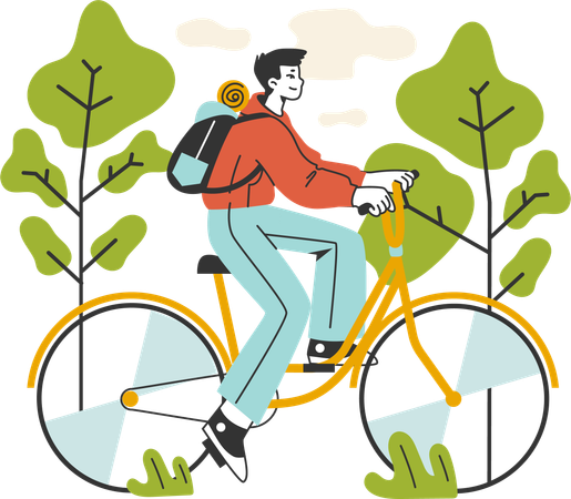 Boy is riding bicycle in forest  Illustration