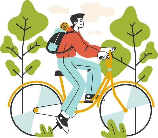 Boy is riding bicycle in forest  Illustration