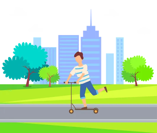 Boy is riding his scooter  Illustration