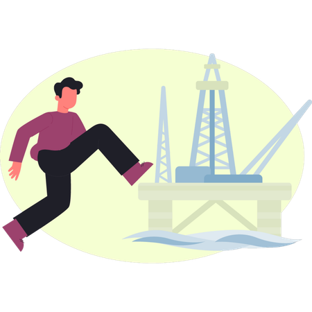 Boy is running near  oil production industry  Illustration