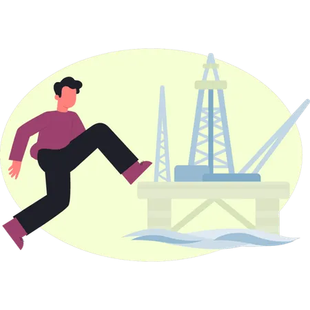 Boy is running near  oil production industry  Illustration