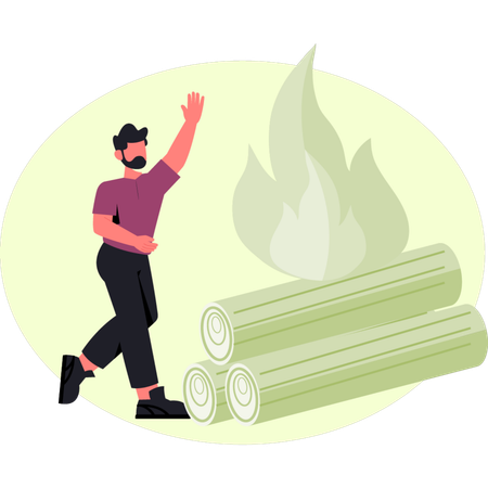 Boy is running near wooden fire  Illustration