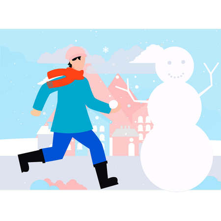Boy is running towards the snowman  Illustration