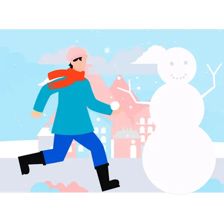 Boy Is Running Towards The Snowman Illustration