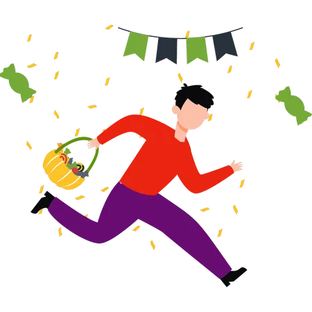 Boy is running with a bucket of candies  Illustration