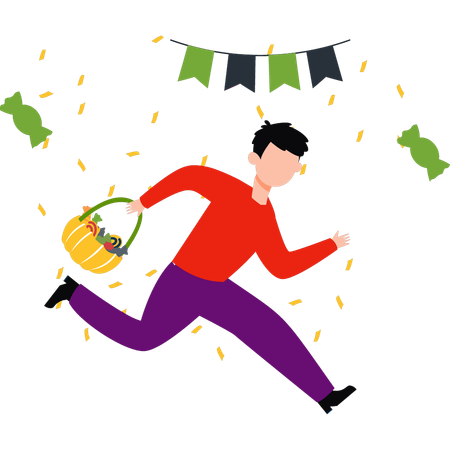 Boy is running with a bucket of candies  Illustration