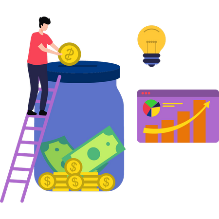 Boy is saving money in a jar  Illustration