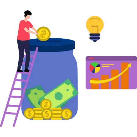 Boy is saving money in a jar  Illustration