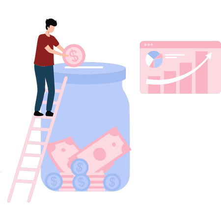 Boy is saving money in a jar  Illustration