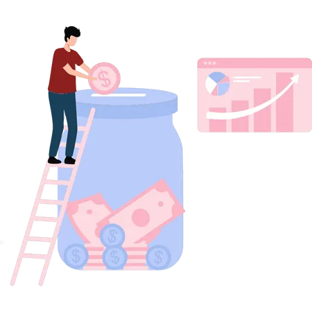 Boy is saving money in a jar  Illustration