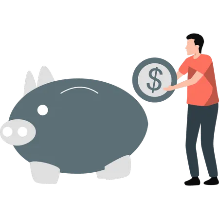 The Boy Is Saving Money In A Piggy Bank Illustration