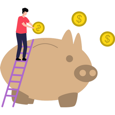 Boy is saving money in a piggy bank  Illustration