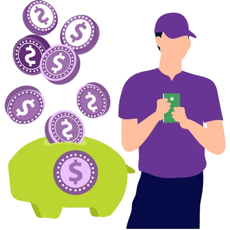 Boy is saving money in a piggy bank  Illustration