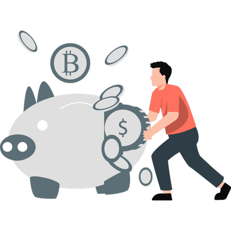 Boy is saving money in a piggy bank  Illustration