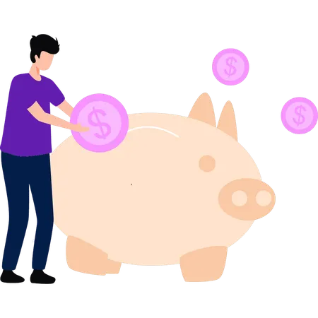 The Boy Is Saving Money In Piggy Bank Illustration