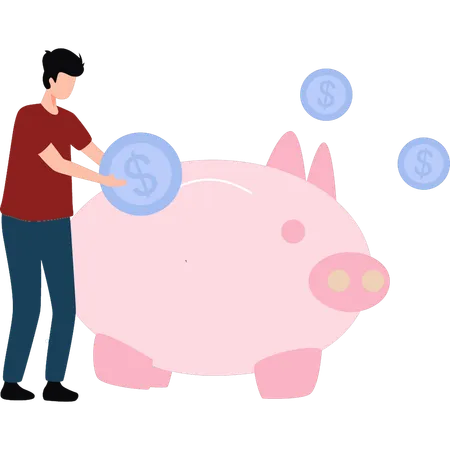 Boy is saving money in the piggy bank  Illustration