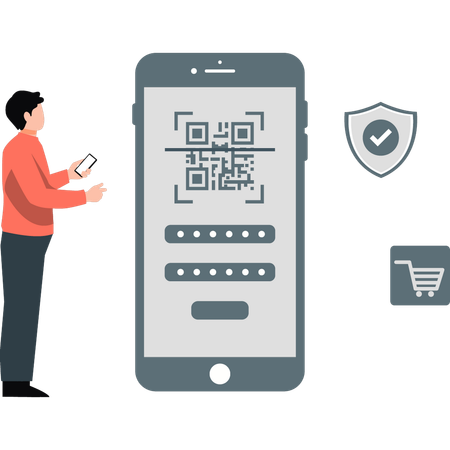 Boy is scanning a QR code on mobile phone  Illustration