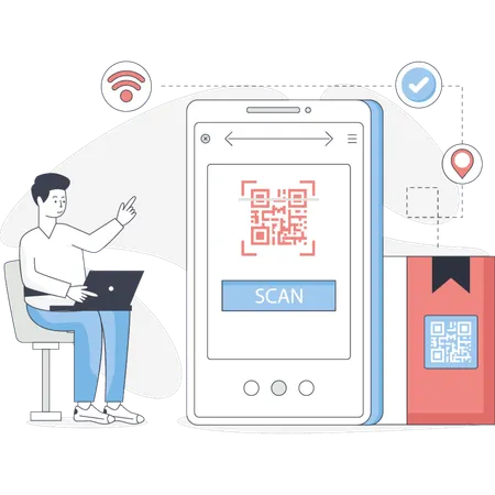 Boy is scanning the QR code  Illustration