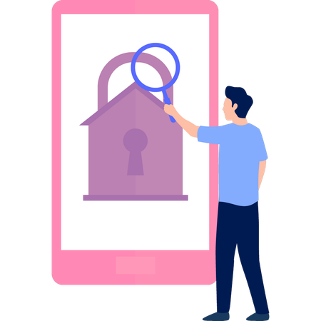 Boy is searching online security lock in mobile  イラスト