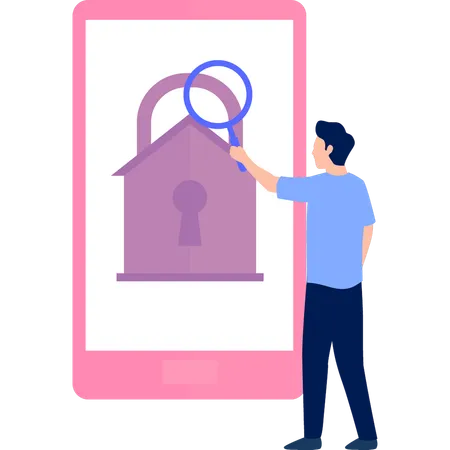 Boy is searching online security lock in mobile  イラスト