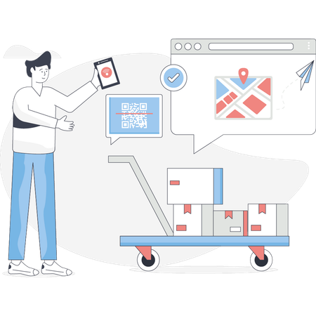 Boy is searching parcel by barcode  Illustration