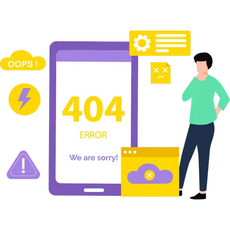 Boy is seeing 404 error in mobile  Illustration