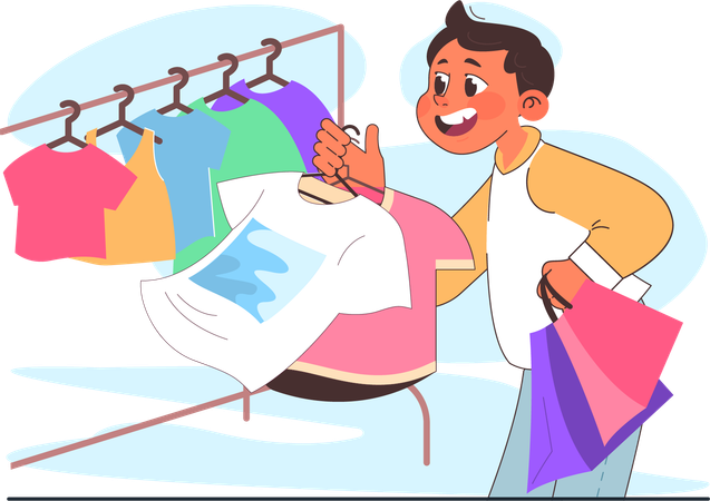 Boy is selecting new clothes from hanger  イラスト