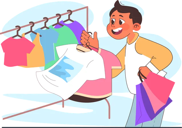 Boy is selecting new clothes from hanger  Illustration