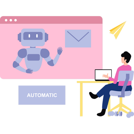 Boy is sending emails through robot's help  Illustration