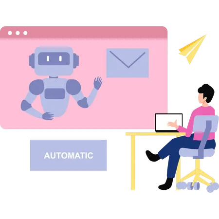 Boy is sending emails through robot's help  Illustration