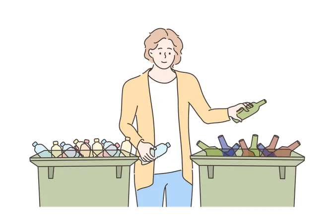 Boy is separating biodegradable and non-biodegradable products  Illustration