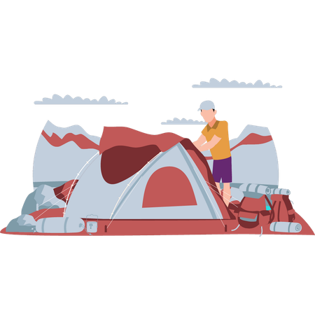 Boy is setting up tent for hiking  Illustration