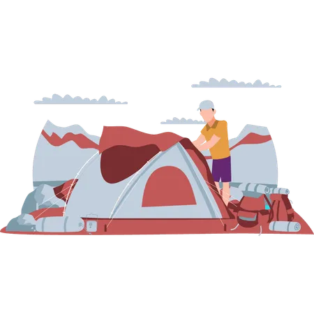 A Boy Is Preparing A Tent For Camping Illustration