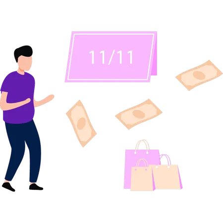 Boy is shopping on 11.11 sale  Illustration