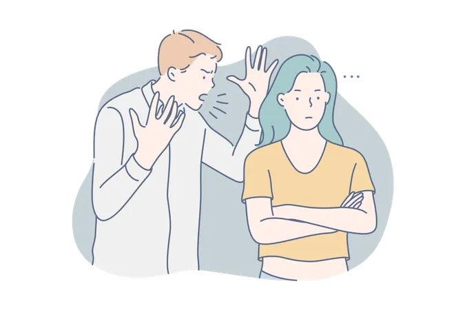 Quarrel Shouting Ignorance Concept Couple Is Quarreling Jealous Boyfriend Shouts Or Yells At His Girlfriend Pensive Woman Ignores Angry Man And Thinks About Problem Or Trouble Simple Flat Vector Illustration