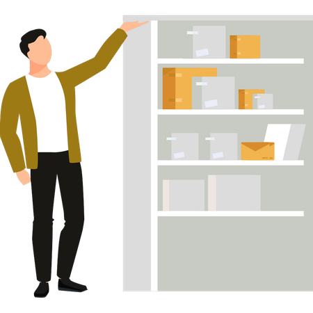 Boy is showing a stack of package boxes in rack  Illustration