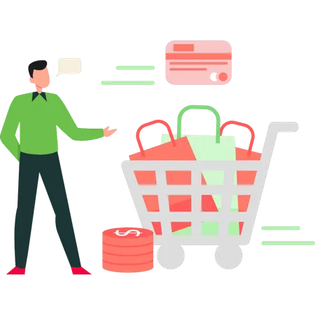 Boy is showing a trolley full of shopping bags  Illustration