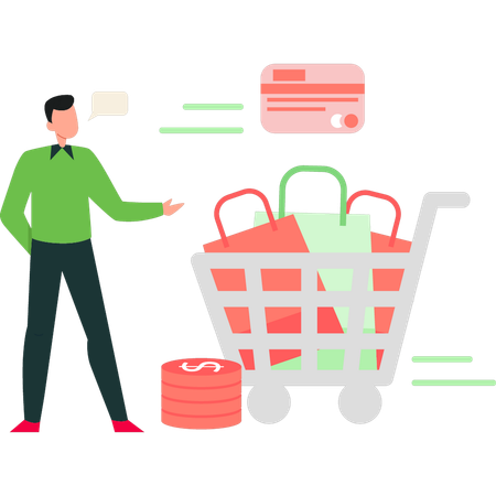 Boy is showing a trolley full of shopping bags  Illustration