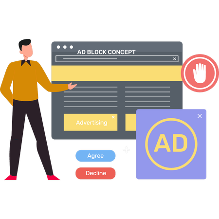 Boy is showing ad block concept browser.  Illustration