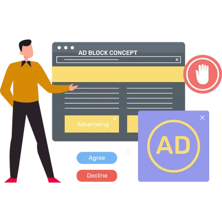 Boy is showing ad block concept browser.  Illustration