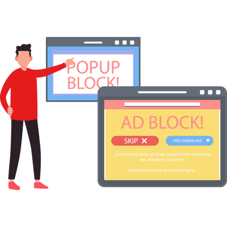 Boy is showing ad block popup.  Illustration