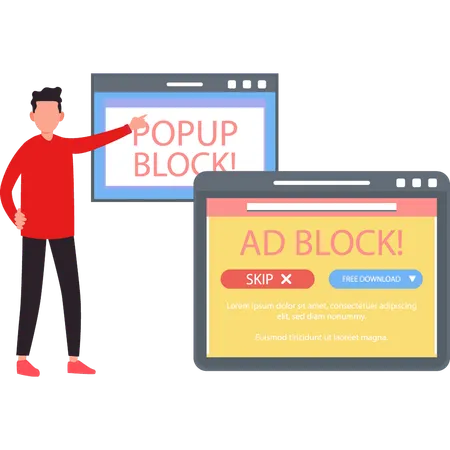 Boy is showing ad block popup.  イラスト
