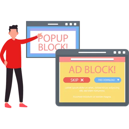 Boy is showing ad block popup.  Illustration