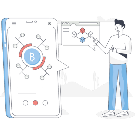 Boy is showing bitcoin networking  Illustration