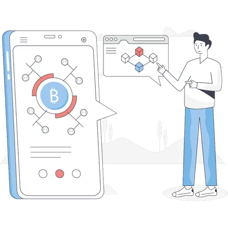 Boy is showing bitcoin networking  Illustration