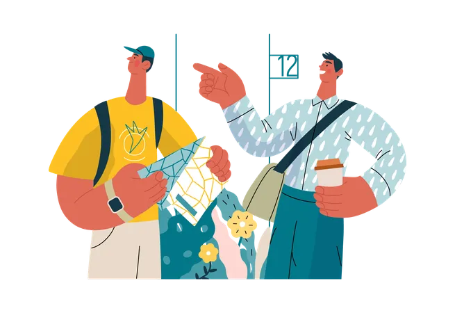 Boy is showing correct address to delivery man  Illustration