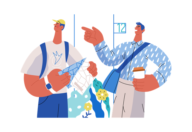 Boy is showing correct address to delivery man  Illustration