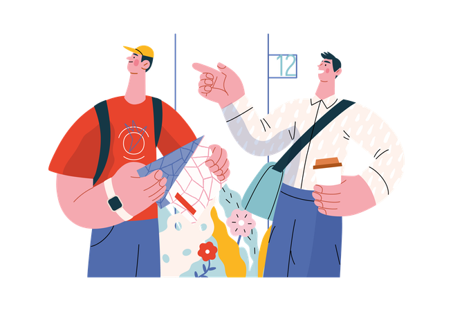 Boy is showing correct address to delivery man  Illustration