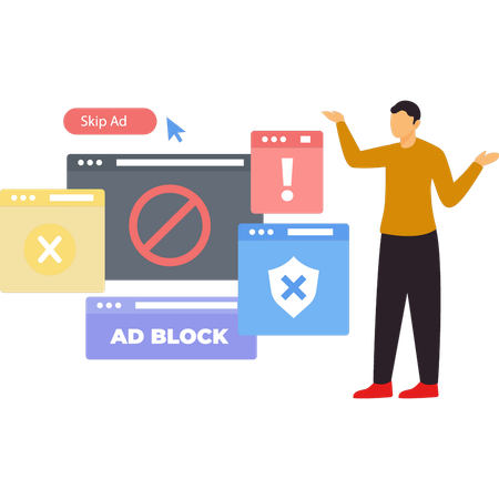 Boy is showing different ad block on browser.  Illustration