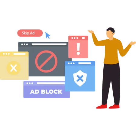 Boy is showing different ad block on browser.  Illustration